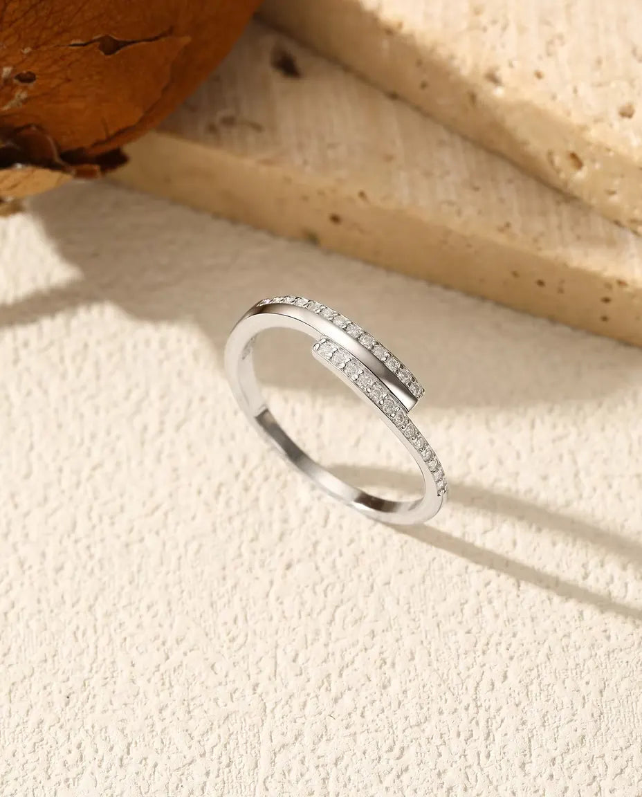 Crossover Pave Moissanite Ring - Twenty-Six D Color Stones on a 1.4 mm Band, 925 Sterling Silver, Sizes 5-9