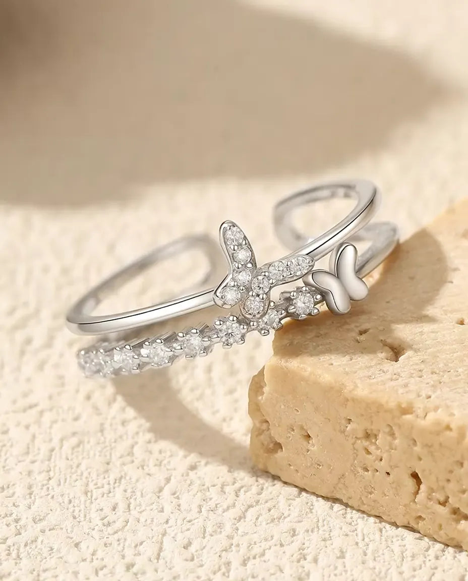 Cubic Zirconia Butterfly Ring - Two Butterflies on a Double Wire Band with a Pave Line, Adjustable 925 Sterling Silver, US 6 to 9