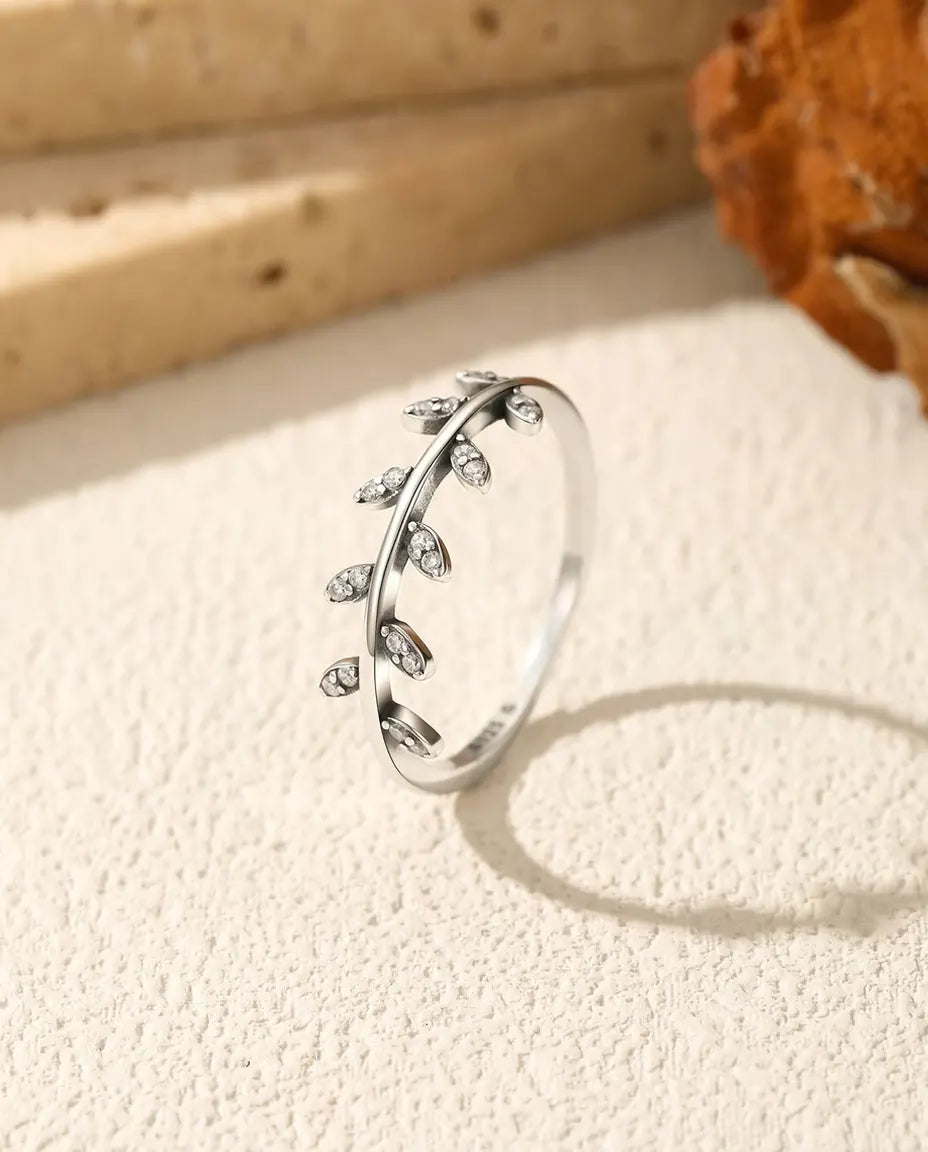 Cubic Zirconia Leaf Ring - Ten Pave Leaves on a 1.3 mm 925 Sterling Silver Band, Olive Branch Style, Sizes 5 to 9