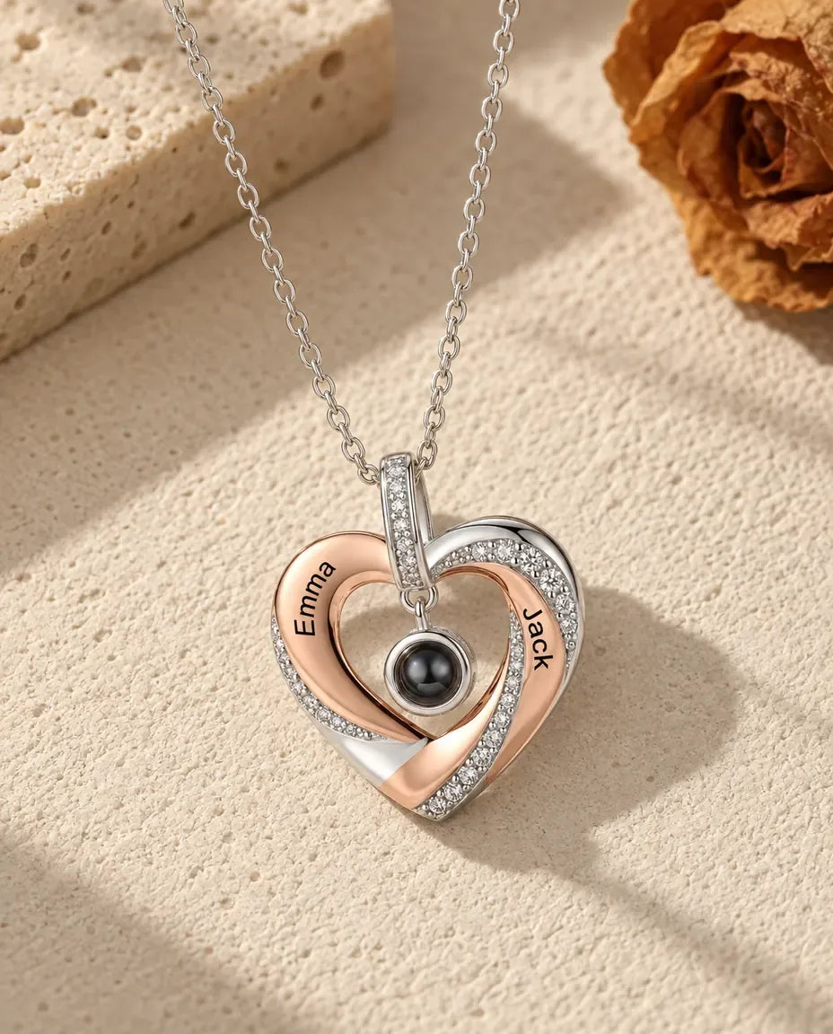 Engraved Heart Photo Projection Necklace - laid flat