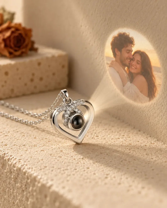 Heart Photo Projection Necklace - projecting the hidden photo onto a wall