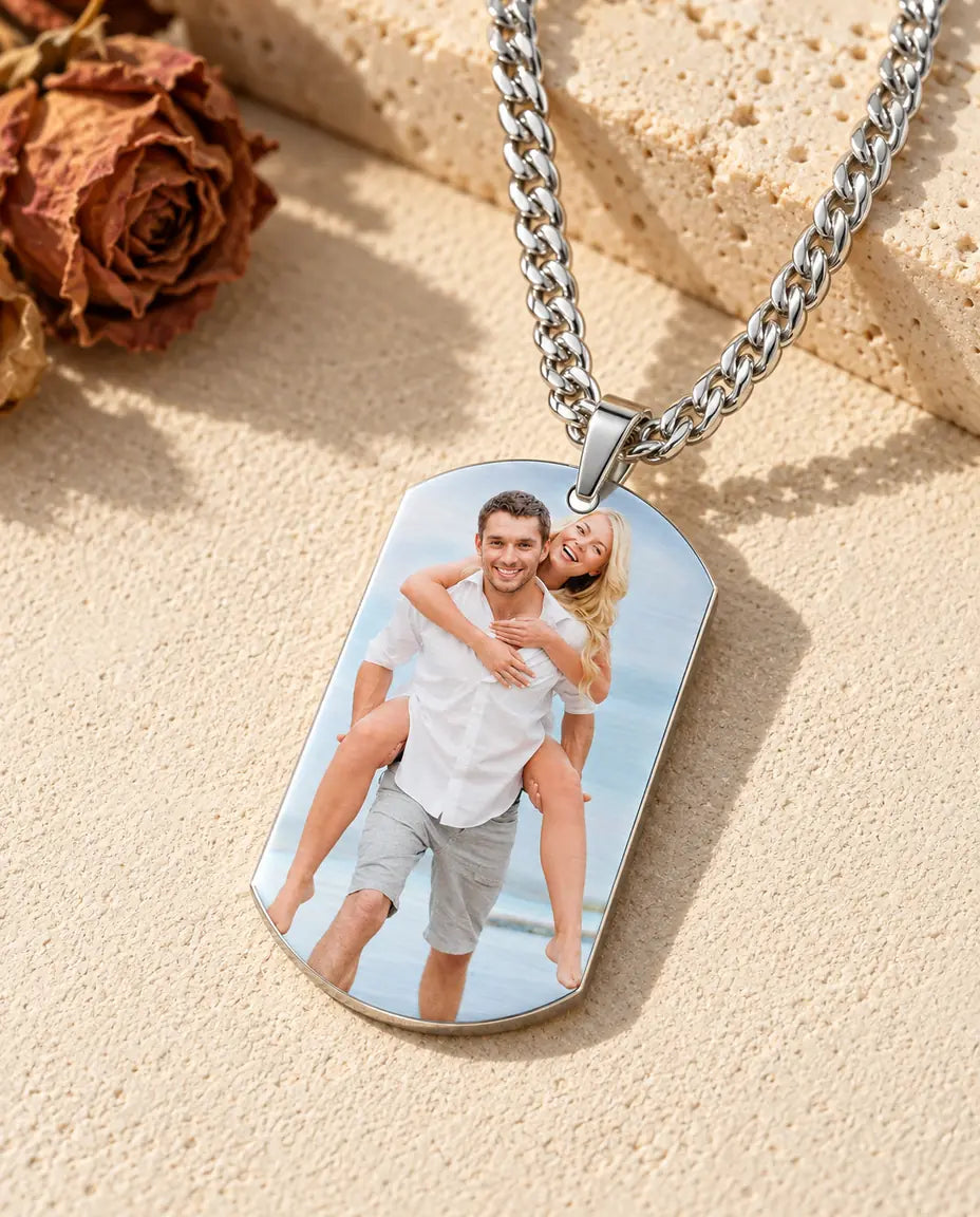 Custom photo dog tag necklace in titanium steel with a color photo of a couple