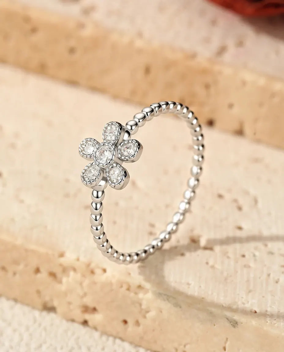 dainty flower moissanite ring in 925 sterling silver with beaded band