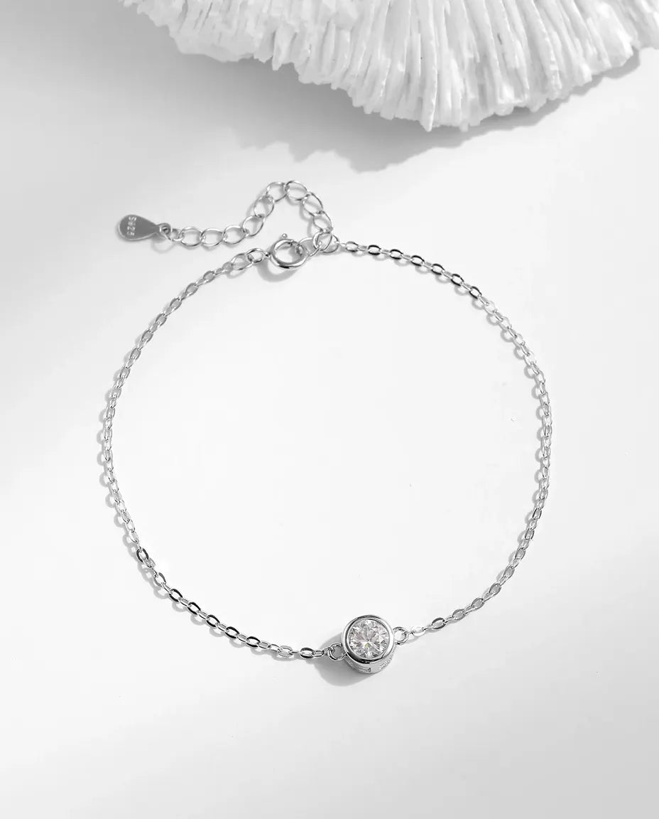 Dainty moissanite solitaire bracelet, 0.5ct D color round stone, 925 sterling silver