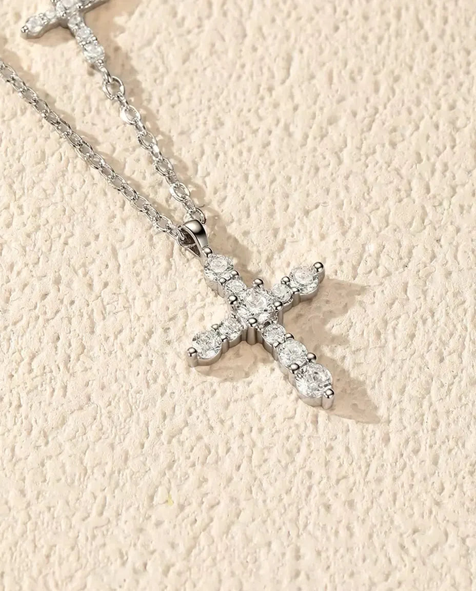 Double Cross Moissanite Necklace - Pave Cross Pendant with Sideways Cross Station, 925 Sterling Silver, 40+5 cm