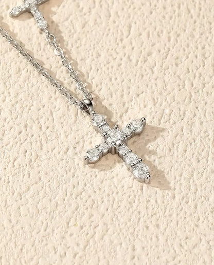 Double Cross Moissanite Necklace - Pave Cross Pendant with Sideways Cross Station, 925 Sterling Silver, 40+5 cm