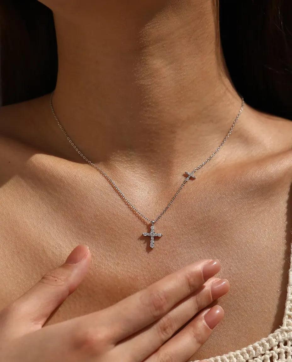 Double Cross Moissanite Necklace - Pave Cross Pendant with Sideways Cross Station, 925 Sterling Silver, 40+5 cm
