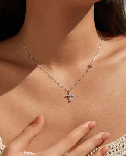 Double Cross Moissanite Necklace - Pave Cross Pendant with Sideways Cross Station, 925 Sterling Silver, 40+5 cm