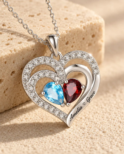 Personalized Birthstone Necklace With 2 Names - Double Heart Pendant With Two Pear Simulated Birthstones, Silver