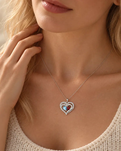 Personalized Birthstone Necklace With 2 Names - Double Heart Pendant With Two Pear Simulated Birthstones, Silver