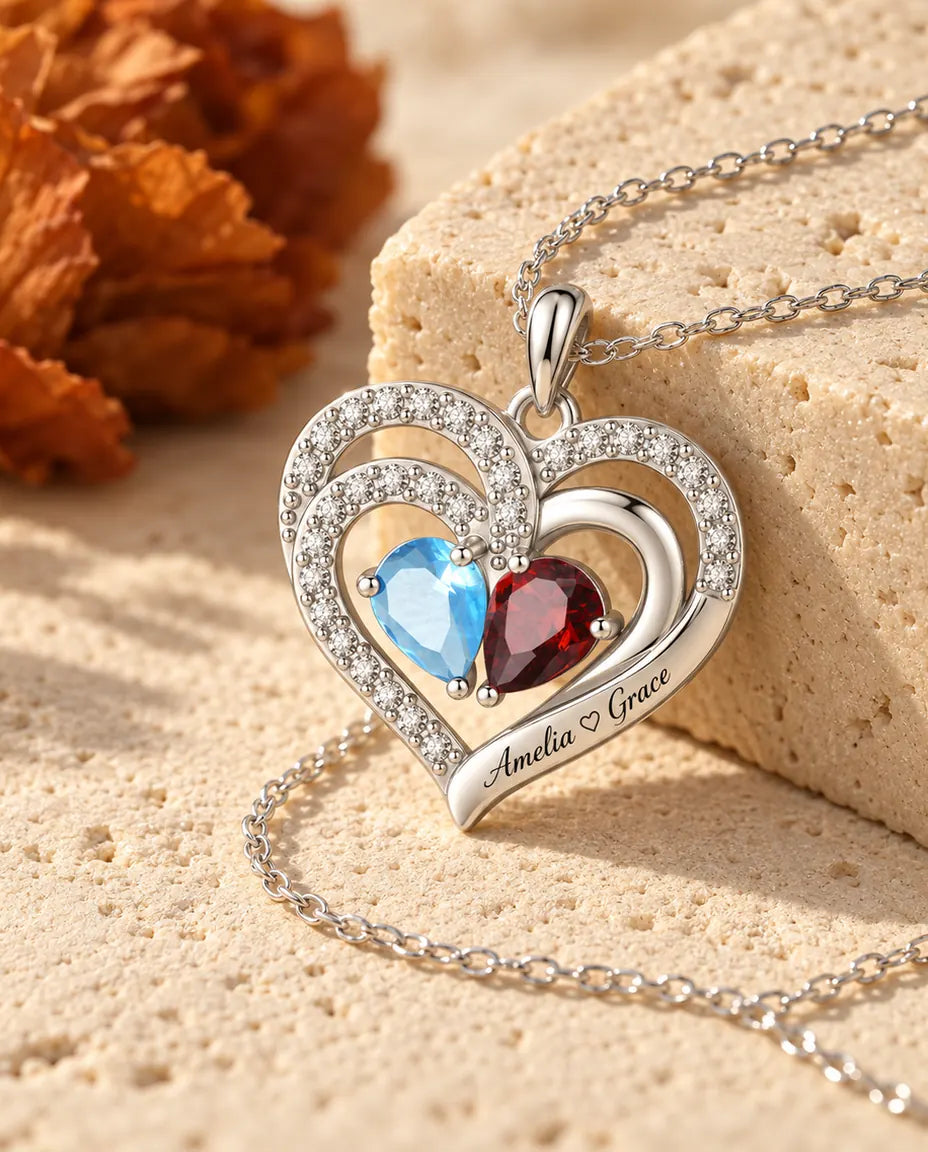 Personalized Birthstone Necklace With 2 Names - Double Heart Pendant With Two Pear Simulated Birthstones, Silver