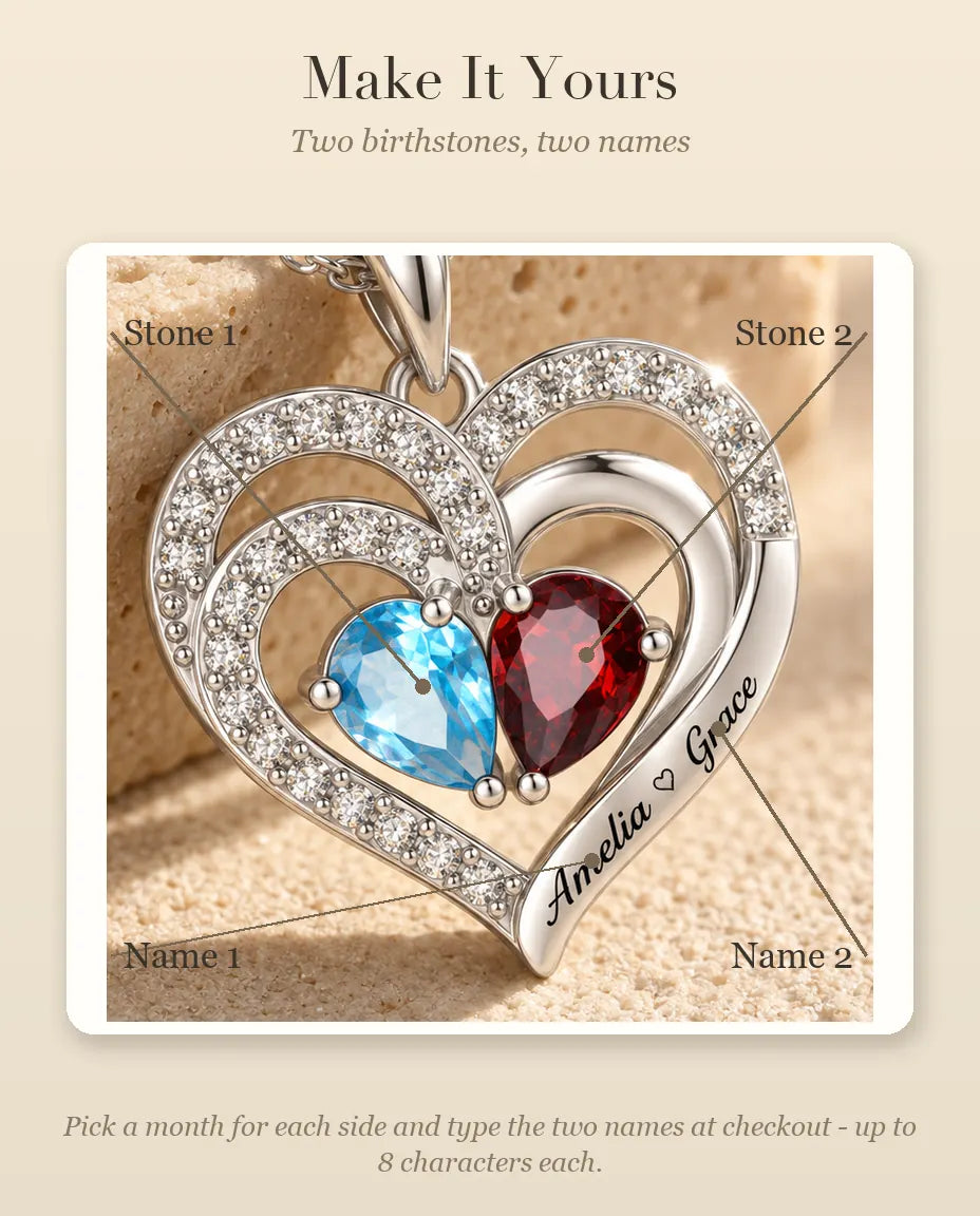 Personalized Birthstone Necklace With 2 Names - Double Heart Pendant With Two Pear Simulated Birthstones, Silver