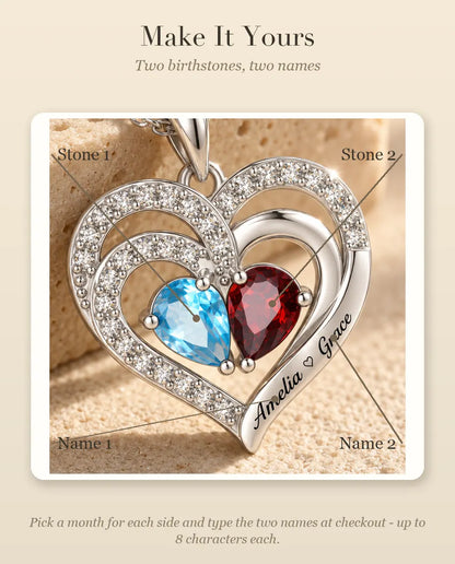 Personalized Birthstone Necklace With 2 Names - Double Heart Pendant With Two Pear Simulated Birthstones, Silver