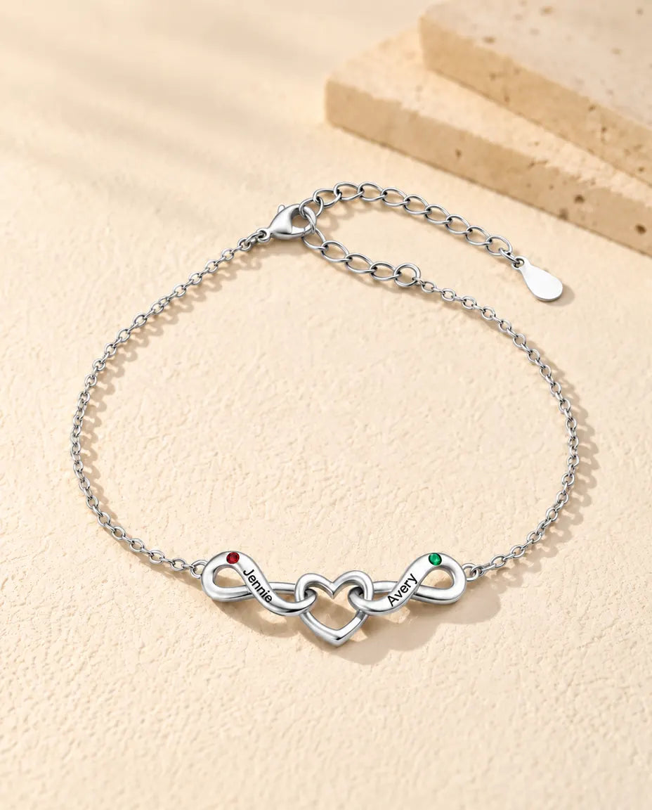 Personalized Infinity Bracelet With 2 Names - Double Infinity and Heart With Two Simulated Birthstones - front view
