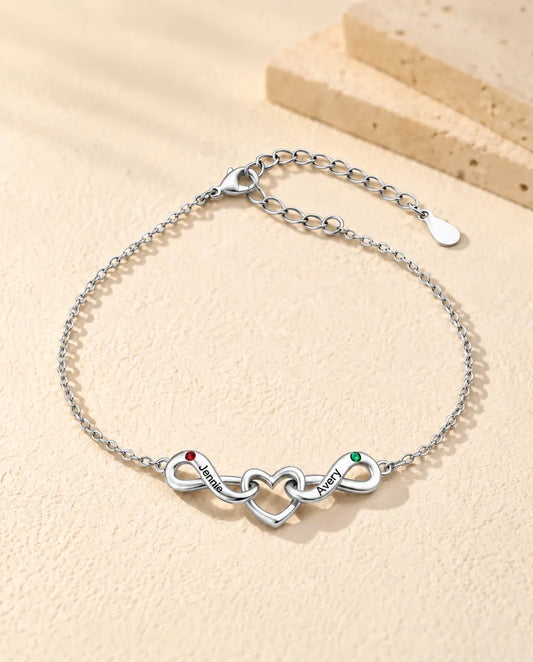 Personalized Infinity Bracelet With 2 Names - Double Infinity and Heart With Two Simulated Birthstones - front view