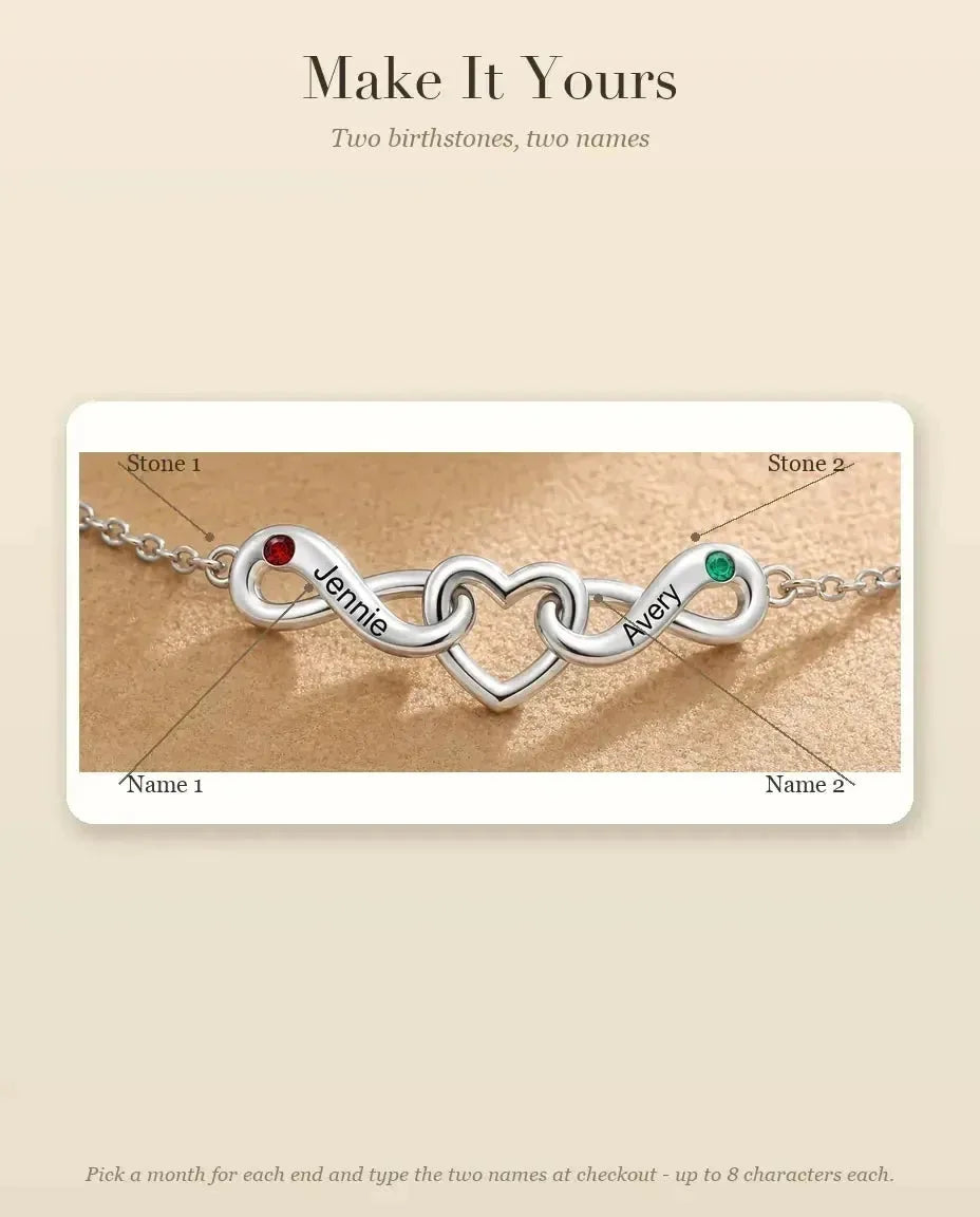Personalized Infinity Bracelet With 2 Names - Double Infinity and Heart With Two Simulated Birthstones - personalization guide: names and birthstones