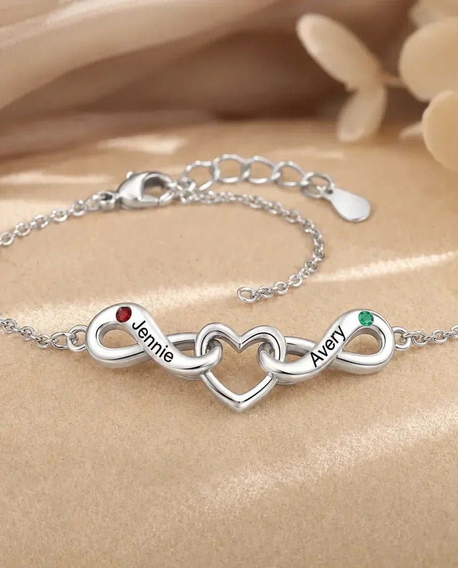 Personalized Infinity Bracelet With 2 Names - Double Infinity and Heart With Two Simulated Birthstones, Silver