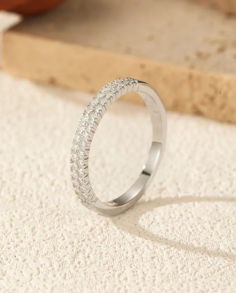 Double row pave moissanite eternity ring in 925 sterling silver