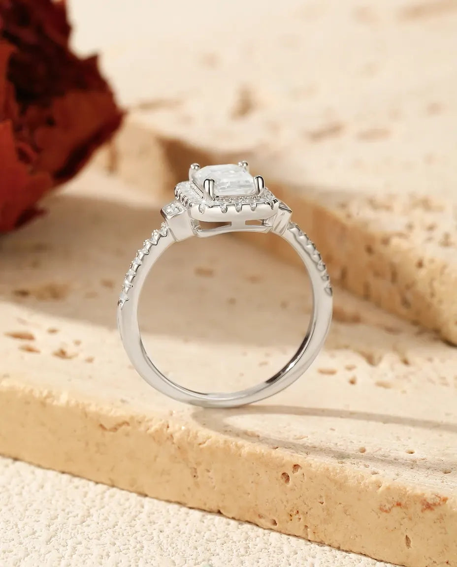 1 ct emerald cut moissanite halo engagement ring in 925 sterling silver, art deco style