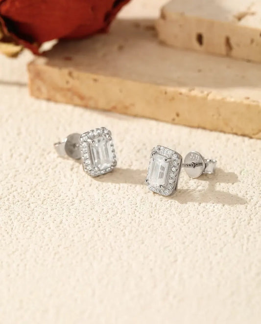 Emerald Cut Moissanite Jewelry Set in 925 Sterling Silver - Halo Pendant Necklace and Stud Earrings, 1 ct and 0.8 ct Center Stones, Bridal Gift