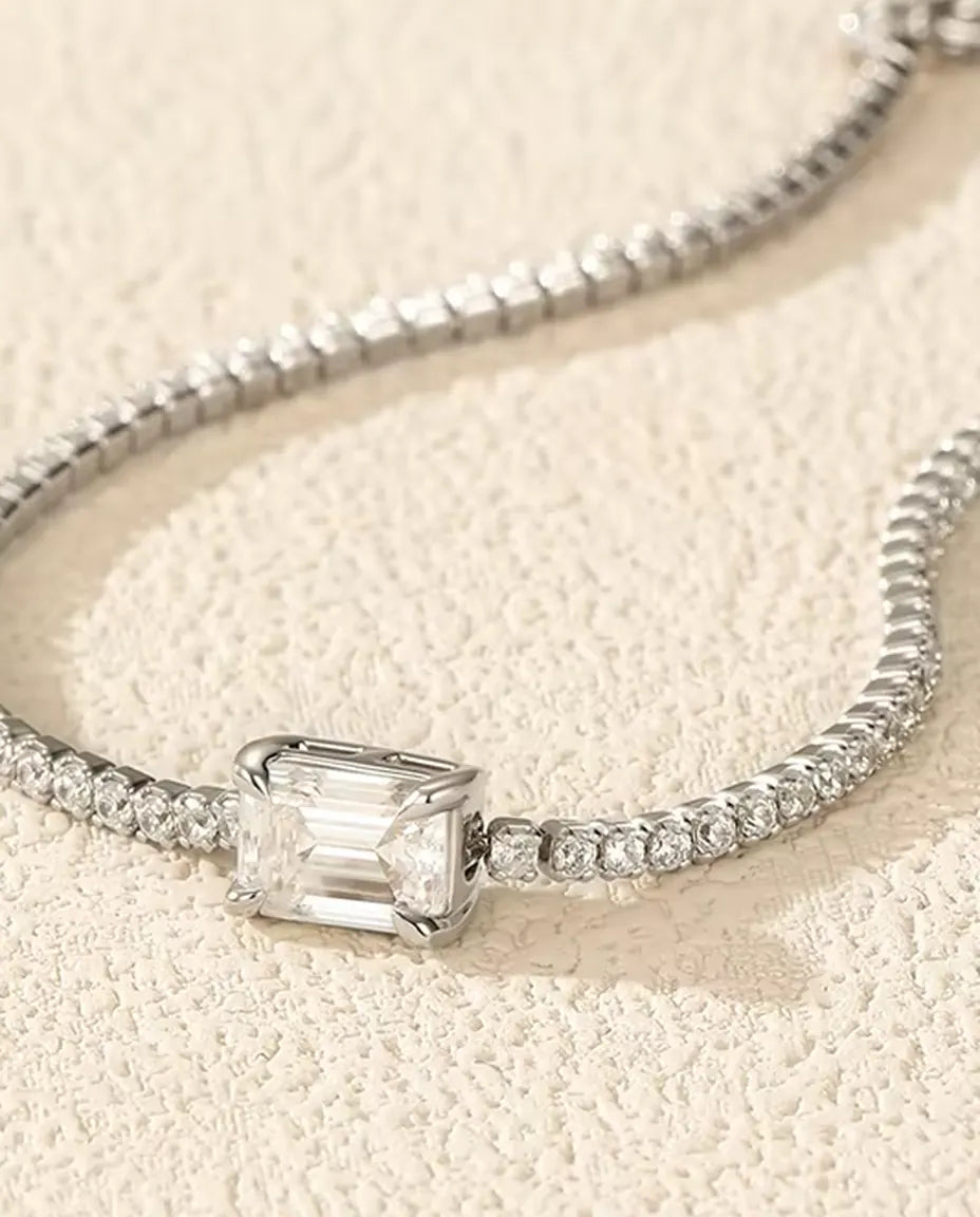 Emerald Cut Moissanite Tennis Bracelet - 1 ct D Color Center Stone, 925 Sterling Silver, 16 + 5 cm Adjustable