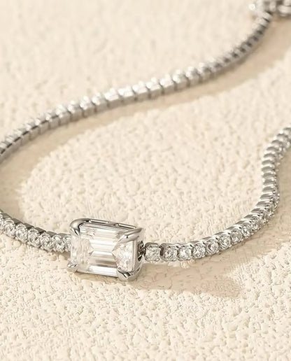 Emerald Cut Moissanite Tennis Bracelet - 1 ct D Color Center Stone, 925 Sterling Silver, 16 + 5 cm Adjustable