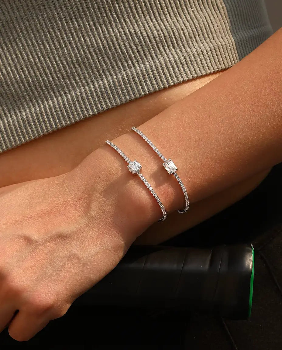 Emerald Cut Moissanite Tennis Bracelet - 1 ct D Color Center Stone, 925 Sterling Silver, 16 + 5 cm Adjustable
