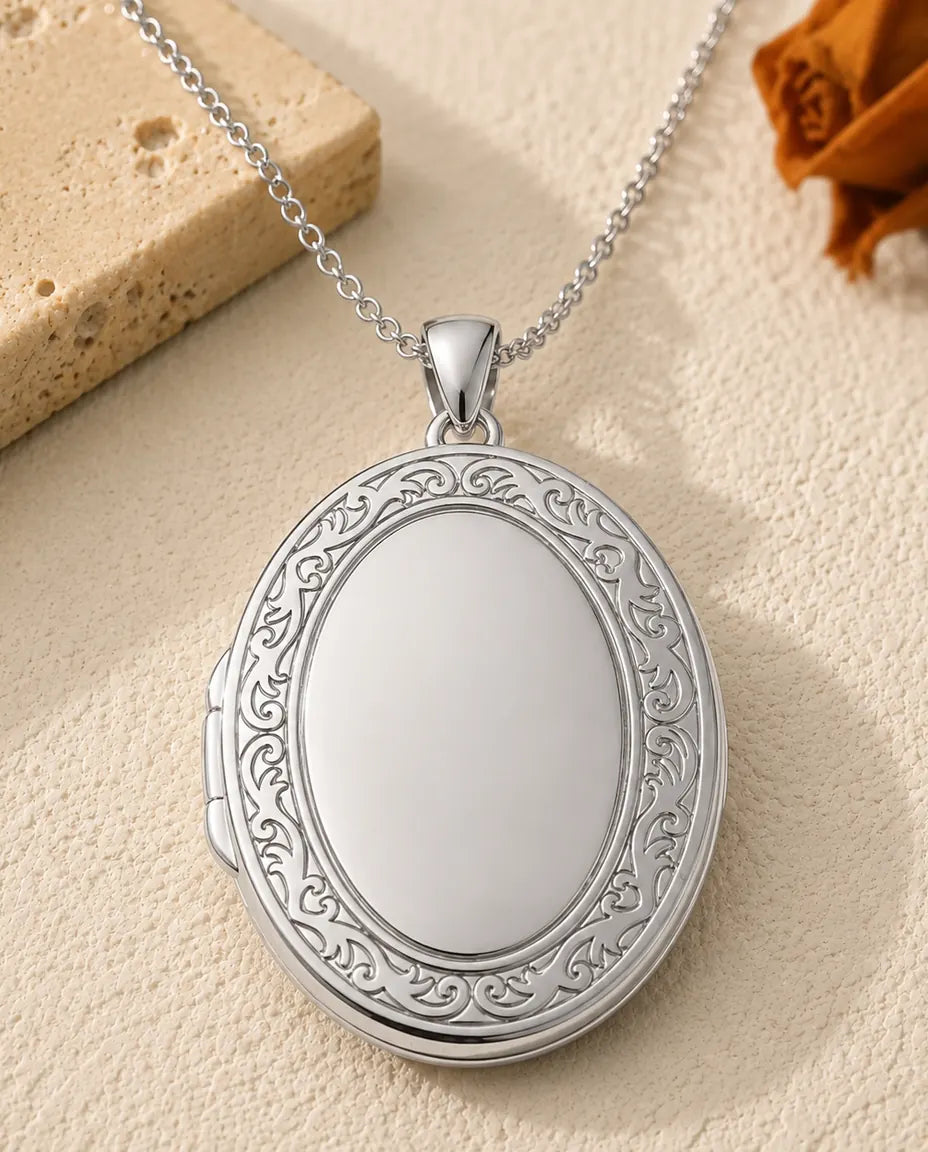 Engravable Photo Locket Necklace That Holds 2 Pictures - Personalized Oval Locket With Mother of Pearl Back, Silver or Gold