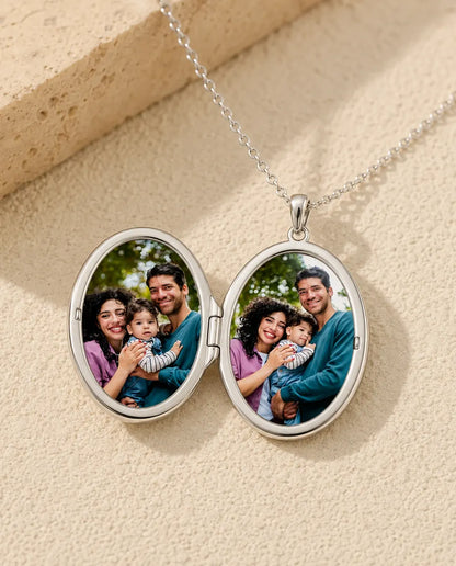 Engravable Photo Locket Necklace That Holds 2 Pictures - Personalized Oval Locket With Mother of Pearl Back, Silver or Gold