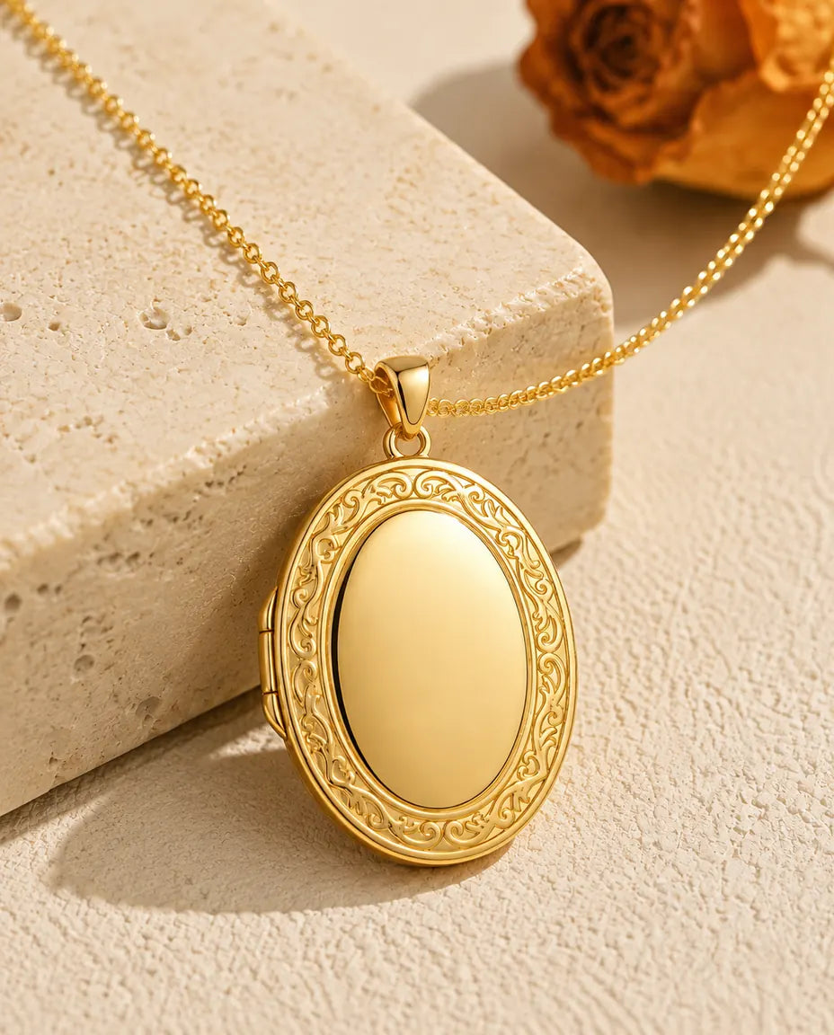 Engravable Photo Locket Necklace That Holds 2 Pictures - Personalized Oval Locket With Mother of Pearl Back, Silver or Gold