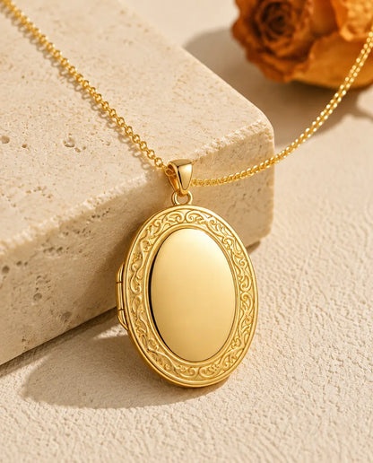 Engravable Photo Locket Necklace That Holds 2 Pictures - Personalized Oval Locket With Mother of Pearl Back, Silver or Gold