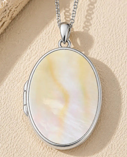 Engravable Photo Locket Necklace That Holds 2 Pictures - Personalized Oval Locket With Mother of Pearl Back, Silver or Gold