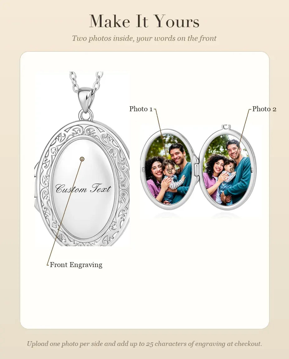 Engravable Photo Locket Necklace That Holds 2 Pictures - Personalized Oval Locket With Mother of Pearl Back, Silver or Gold
