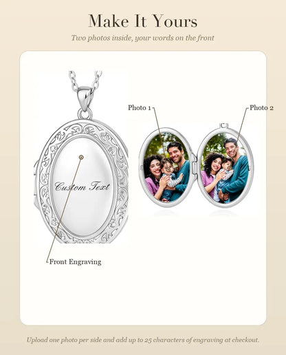 Engravable Photo Locket Necklace That Holds 2 Pictures - Personalized Oval Locket With Mother of Pearl Back, Silver or Gold