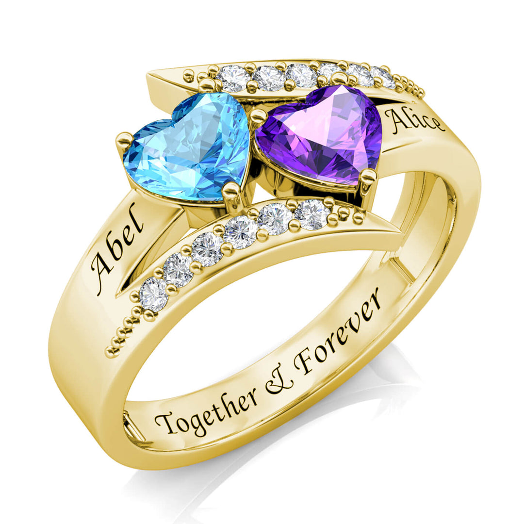 Personalized 2 Birthstone Ring - Engraved Sterling Silver 2 Name Ring - Gold - IFSHE
