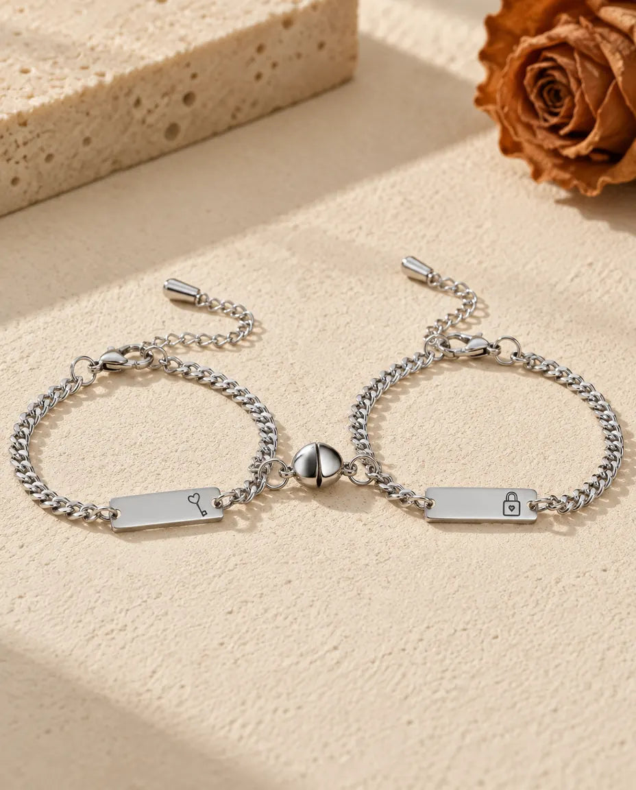 Personalized Magnetic Lock & Key Couple Bracelets - matching pair laid flat