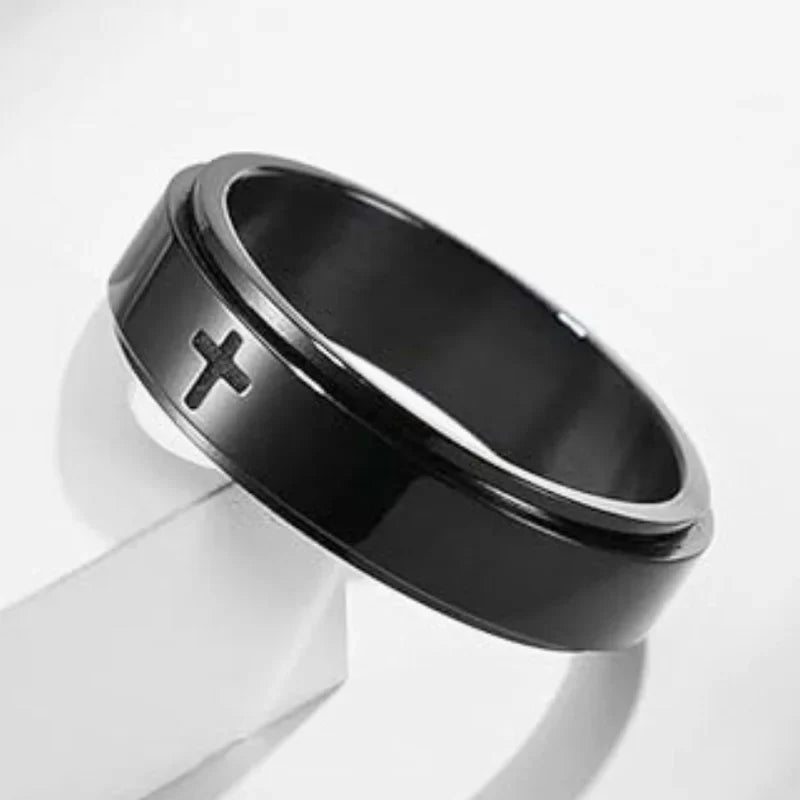 Cross Fidget Ring – Personalized Engraved Anxiety Spinner Ring, Stainless Steel – Gift for Him, Her – Birthday, 3 Colors