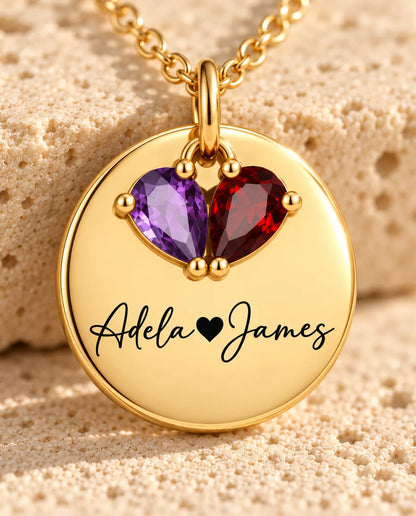 Personalized Birthstone Necklace With 2 Names - Engraved Gold Disc Pendant With Two Simulated Birthstones