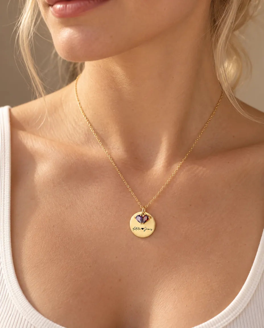 Personalized Birthstone Necklace With 2 Names - Engraved Gold Disc Pendant With Two Simulated Birthstones