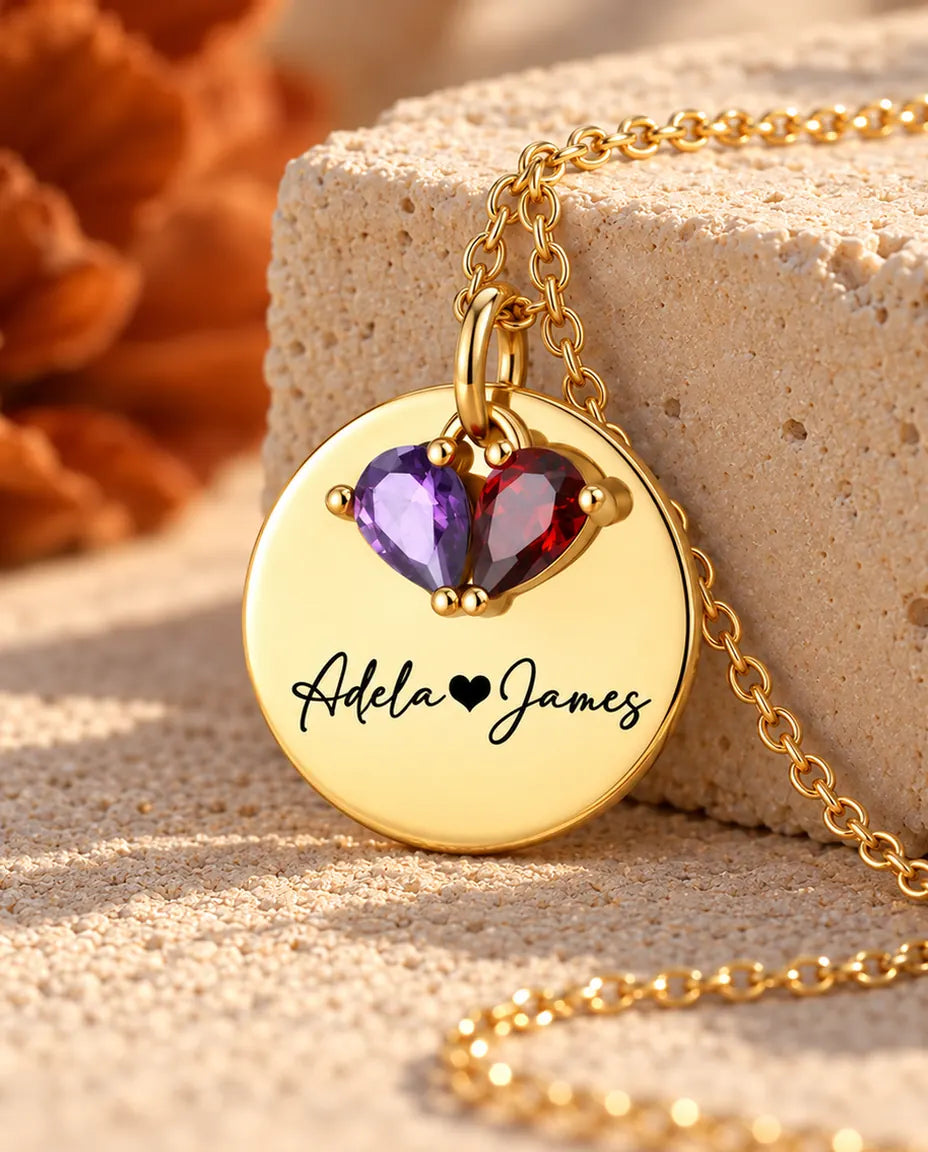 Personalized Birthstone Necklace With 2 Names - Engraved Gold Disc Pendant With Two Simulated Birthstones