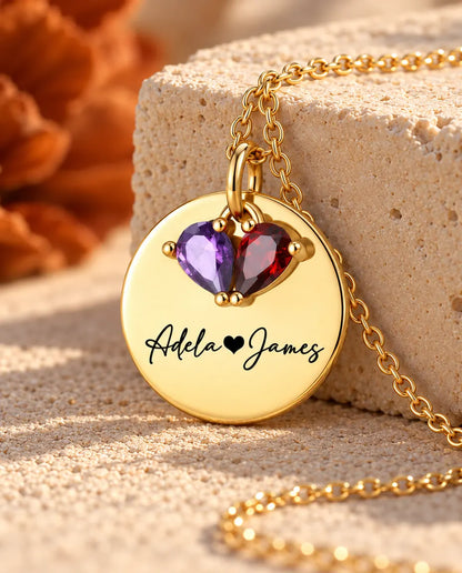 Personalized Birthstone Necklace With 2 Names - Engraved Gold Disc Pendant With Two Simulated Birthstones