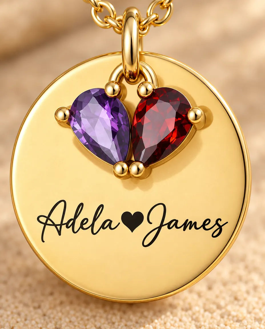 Personalized Birthstone Necklace With 2 Names - Engraved Gold Disc Pendant With Two Simulated Birthstones