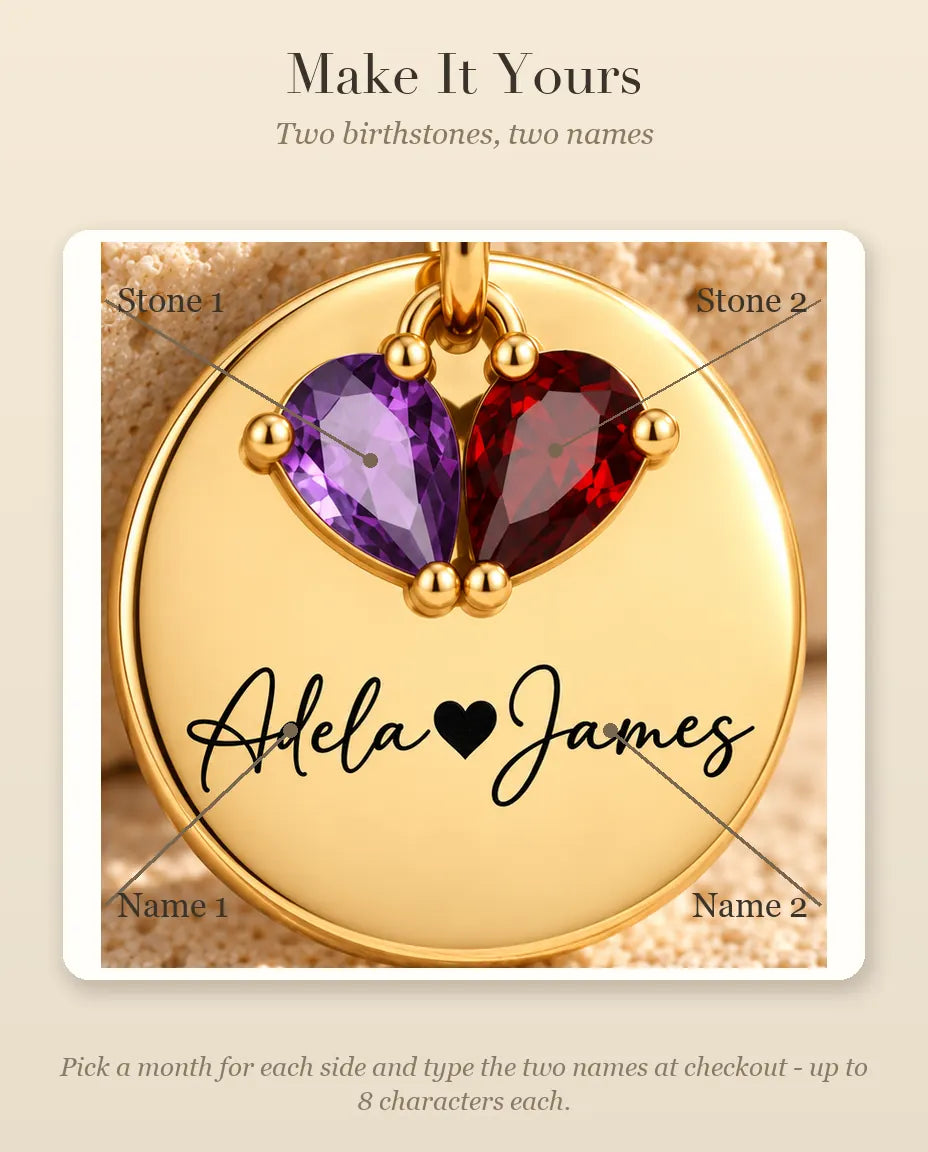Personalized Birthstone Necklace With 2 Names - Engraved Gold Disc Pendant With Two Simulated Birthstones
