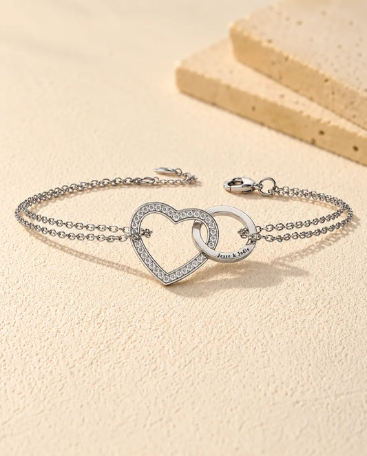 Personalized Interlocking Heart Bracelet - front view in silver