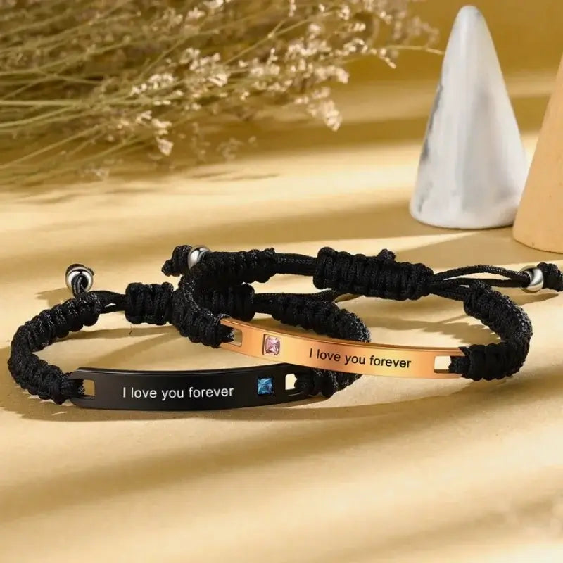 Matching Bracelets for Couples – Engraved Couple Bracelets with Name, Titanium Steel, Black and Rose Gold, 2 Pieces, Anniversary Gift