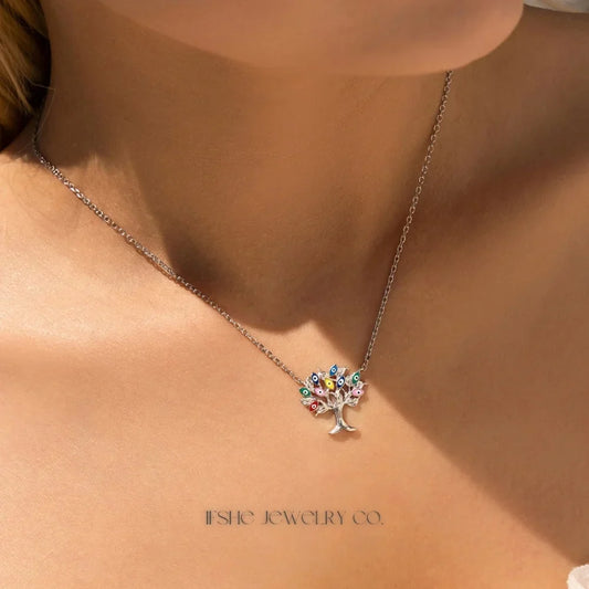 Evil Eye Sterling Silver Necklace with Enamel Tree Pendant