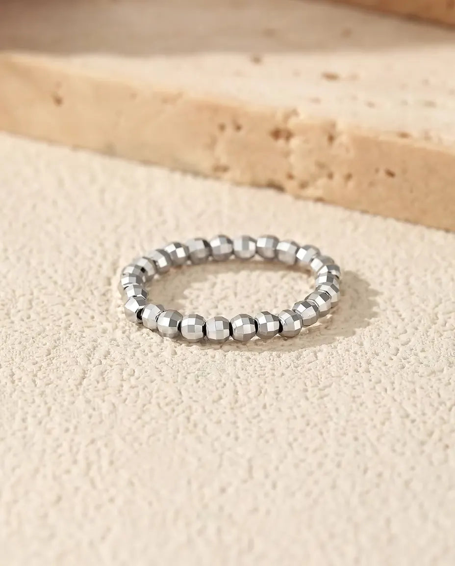 Faceted Bead Ring - 2.5 mm Beaded Band, Adjustable to Fit US Sizes 6 to 9, 925 Sterling Silver Stacking Ring