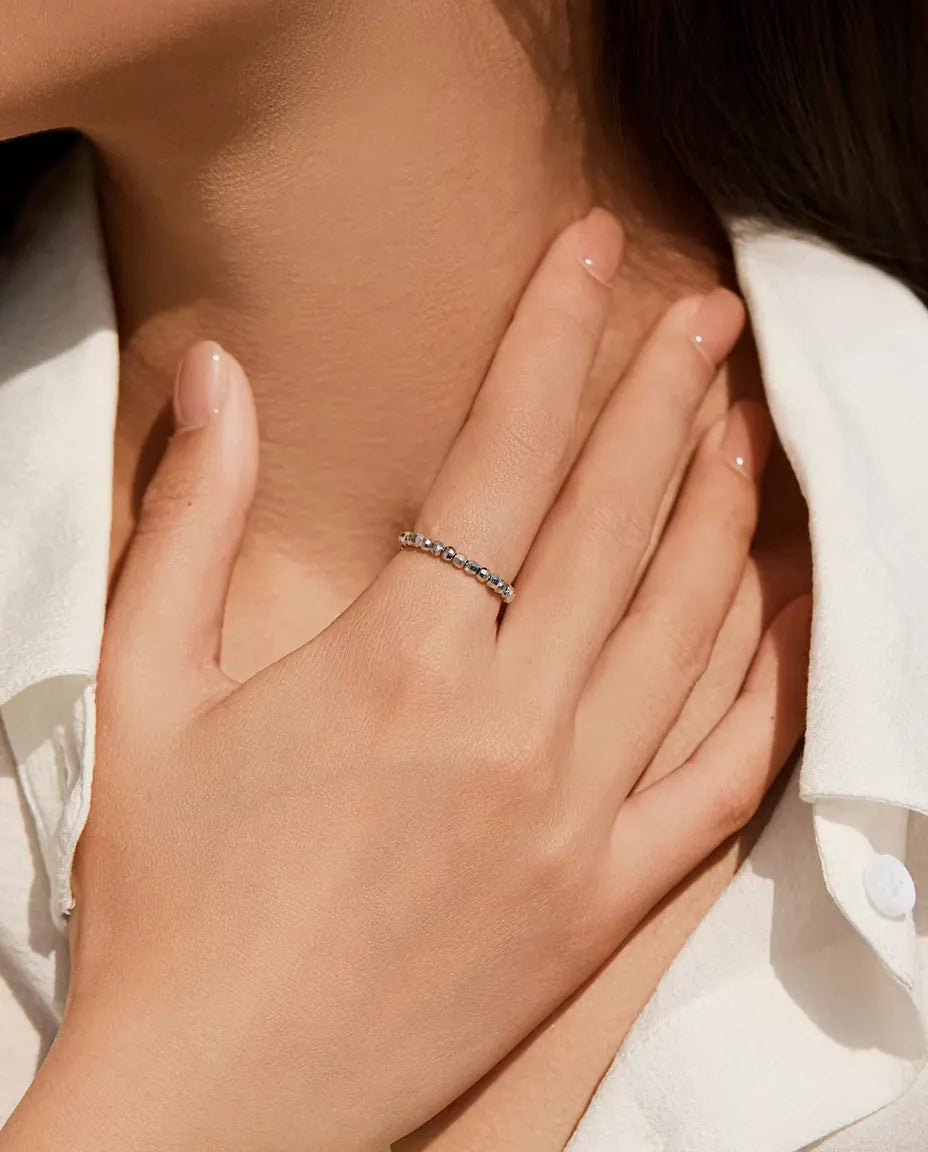 Faceted Bead Ring - 2.5 mm Beaded Band, Adjustable to Fit US Sizes 6 to 9, 925 Sterling Silver Stacking Ring