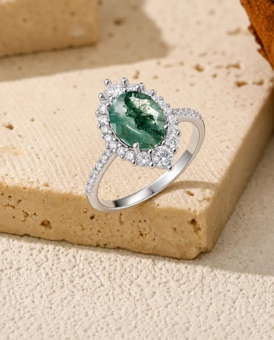 Faceted moss agate CZ halo ring in sterling silver with graduated halo and pave band