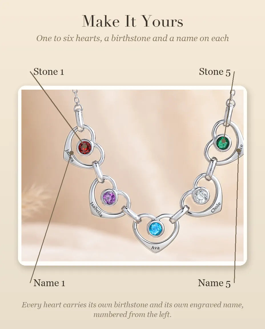 Personalized Family Birthstone Necklace With 1-6 Names - Linked Hearts With Simulated Birthstones, Silver